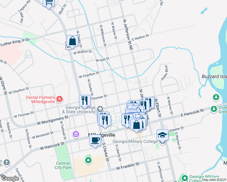 map of restaurants, bars, coffee shops, grocery stores, and more near 202 West Thomas Street in Milledgeville