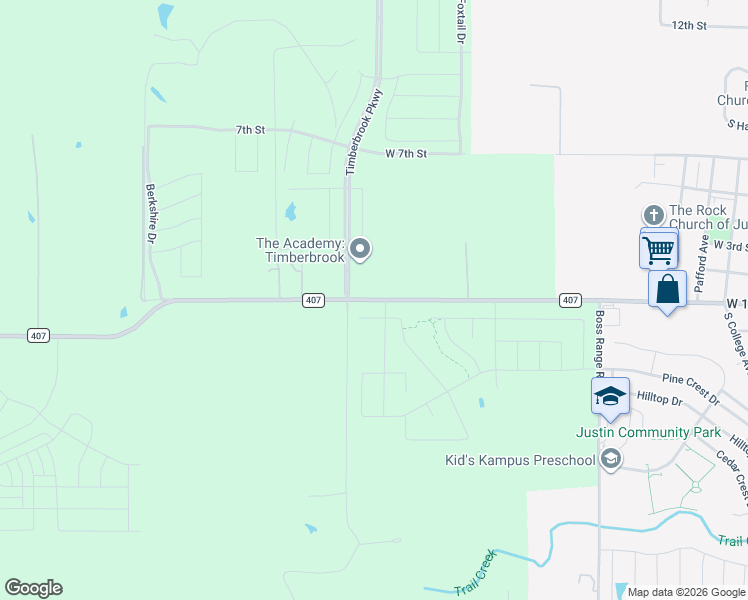 map of restaurants, bars, coffee shops, grocery stores, and more near Farm to Market Road 407 in Justin
