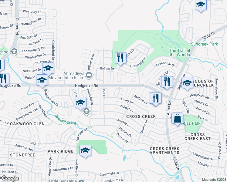 map of restaurants, bars, coffee shops, grocery stores, and more near 7912 Simpkins Pl in Plano