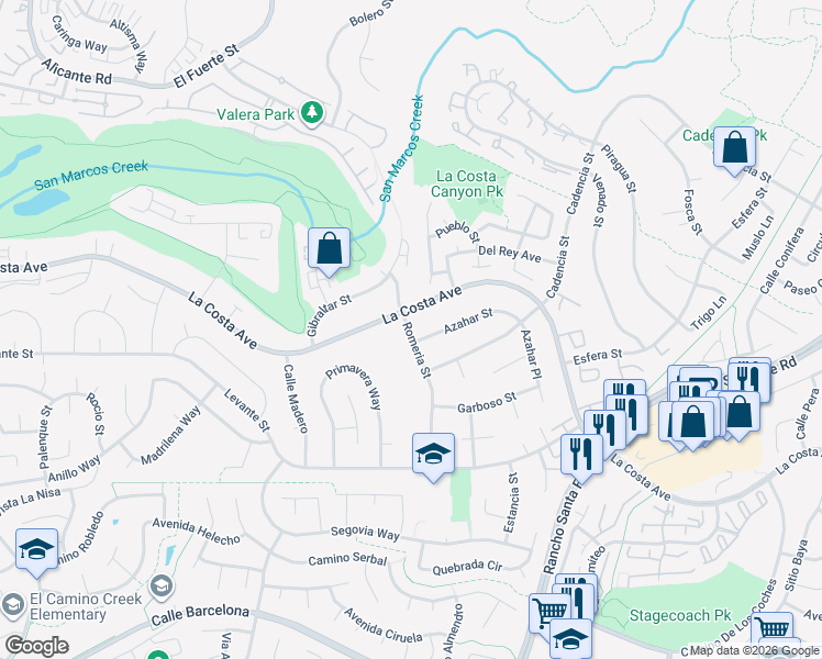 map of restaurants, bars, coffee shops, grocery stores, and more near 7600 Romeria Street in Carlsbad