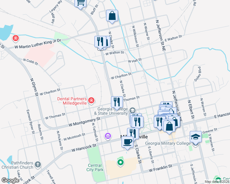 map of restaurants, bars, coffee shops, grocery stores, and more near 435 North Columbia Street in Milledgeville