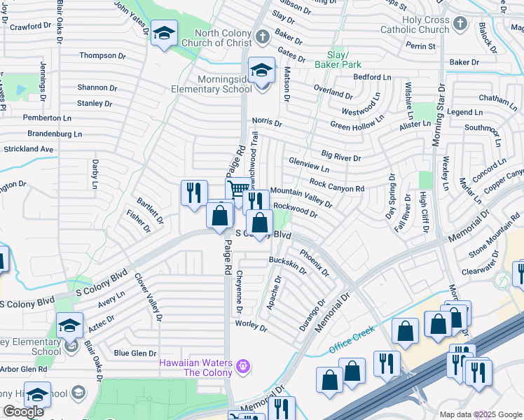 map of restaurants, bars, coffee shops, grocery stores, and more near 5413 Rockwood Dr in The Colony