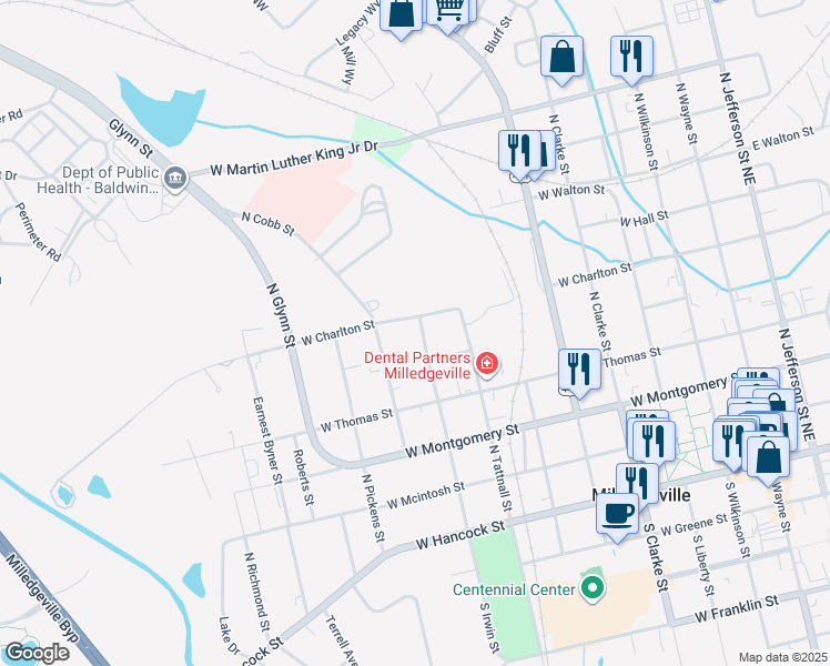 map of restaurants, bars, coffee shops, grocery stores, and more near 802 North Irwin Street in Milledgeville