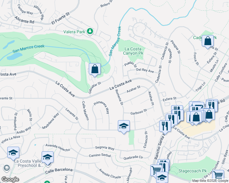 map of restaurants, bars, coffee shops, grocery stores, and more near 7600 Romeria Street in Carlsbad