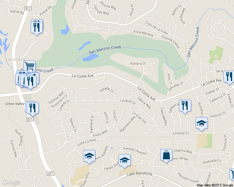 map of restaurants, bars, coffee shops, grocery stores, and more near 7631 Nueva Castilla Way in Carlsbad