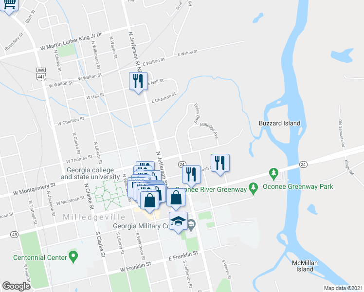map of restaurants, bars, coffee shops, grocery stores, and more near 337 North Elbert Street in Milledgeville