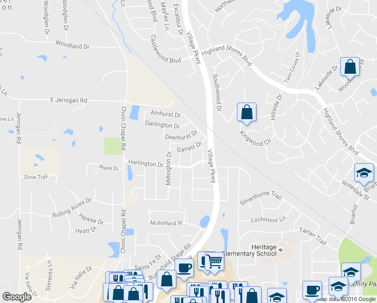 map of restaurants, bars, coffee shops, grocery stores, and more near 4102 Arron Ct in Highland Village