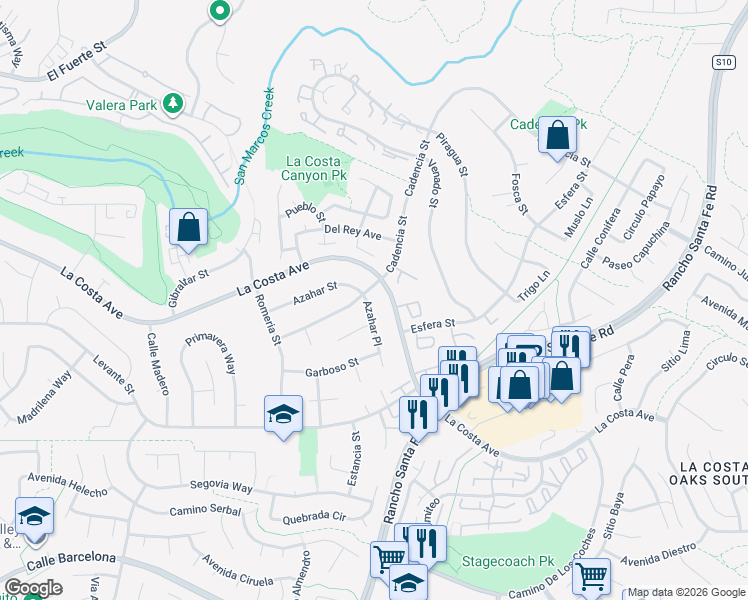 map of restaurants, bars, coffee shops, grocery stores, and more near 3204 Azahar Place in Carlsbad