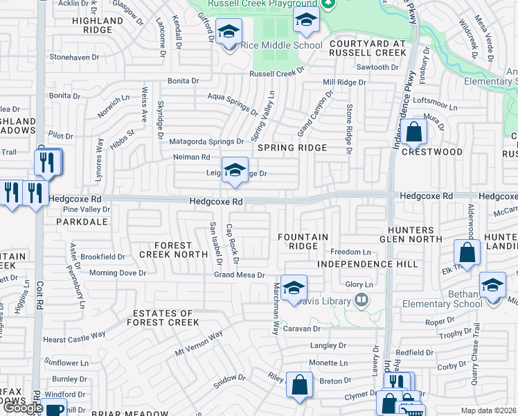 map of restaurants, bars, coffee shops, grocery stores, and more near 3405 Brushy Creek Drive in Plano