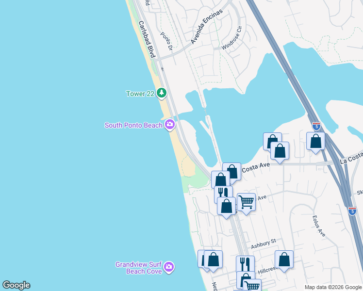map of restaurants, bars, coffee shops, grocery stores, and more near 2100 Carlsbad Boulevard in Encinitas