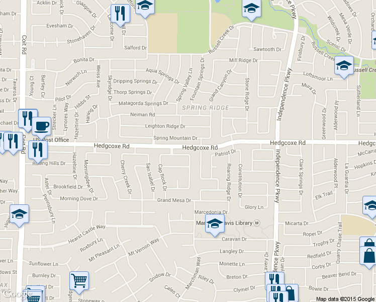 map of restaurants, bars, coffee shops, grocery stores, and more near 3405 Brushy Creek Dr in Plano