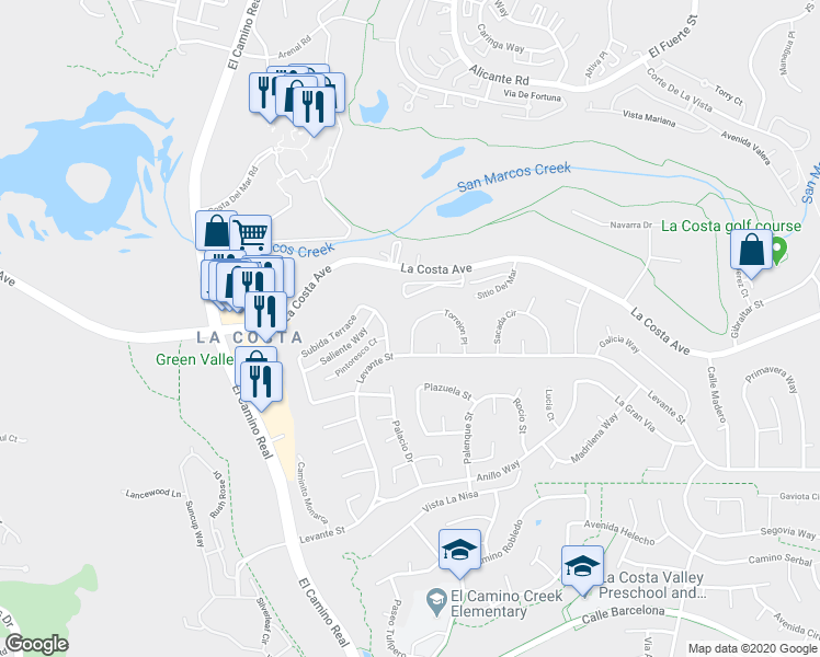 map of restaurants, bars, coffee shops, grocery stores, and more near 2415 Torrejon Place in Carlsbad