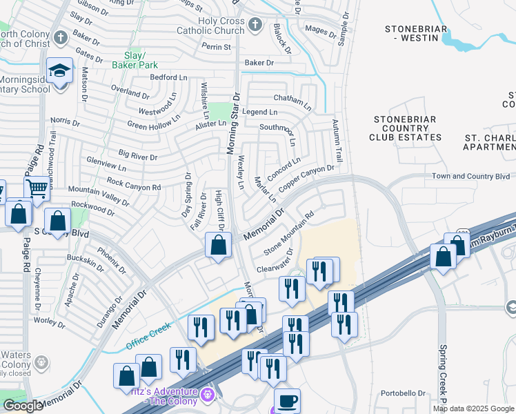 map of restaurants, bars, coffee shops, grocery stores, and more near 5812 Copper Canyon Drive in The Colony