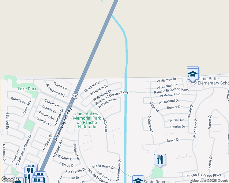 map of restaurants, bars, coffee shops, grocery stores, and more near 43157 Sunland Drive in Maricopa
