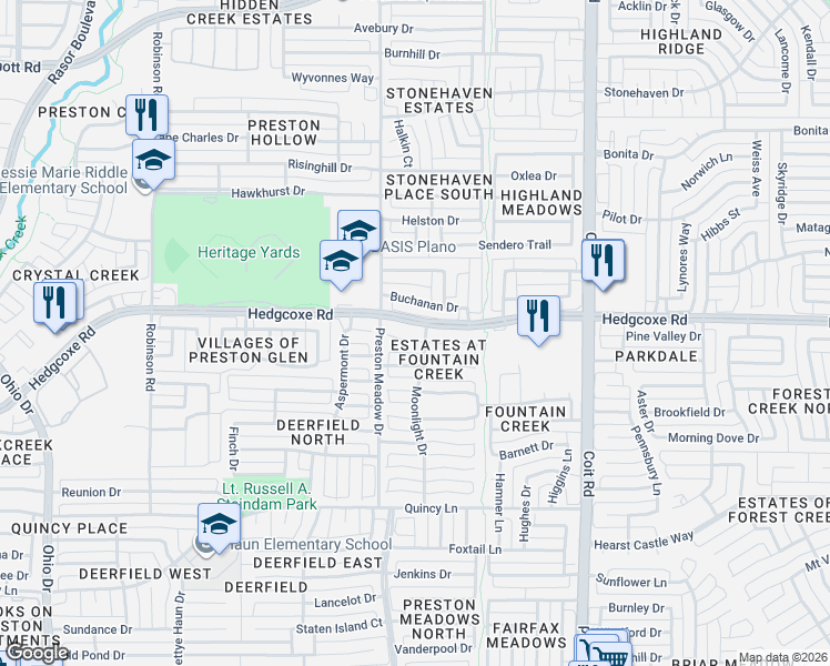 map of restaurants, bars, coffee shops, grocery stores, and more near 4405 Lone Rock Court in Plano