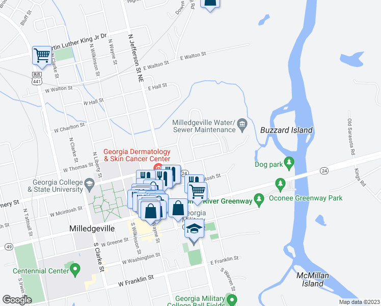 map of restaurants, bars, coffee shops, grocery stores, and more near 310 Doles Boulevard in Milledgeville
