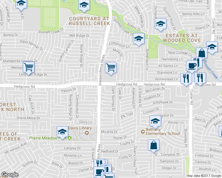 map of restaurants, bars, coffee shops, grocery stores, and more near 7929 Clark Springs Drive in Plano