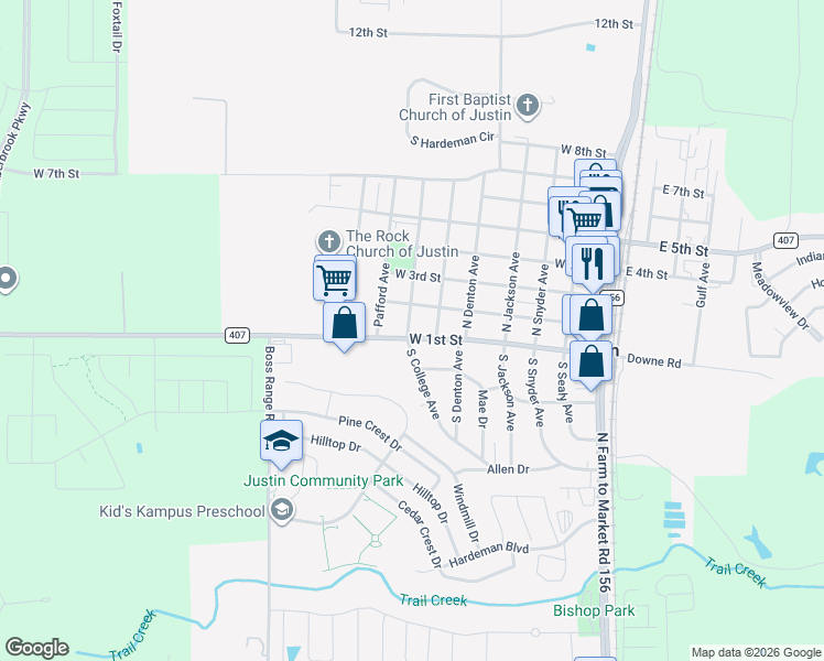 map of restaurants, bars, coffee shops, grocery stores, and more near 704 West 1st Street in Justin