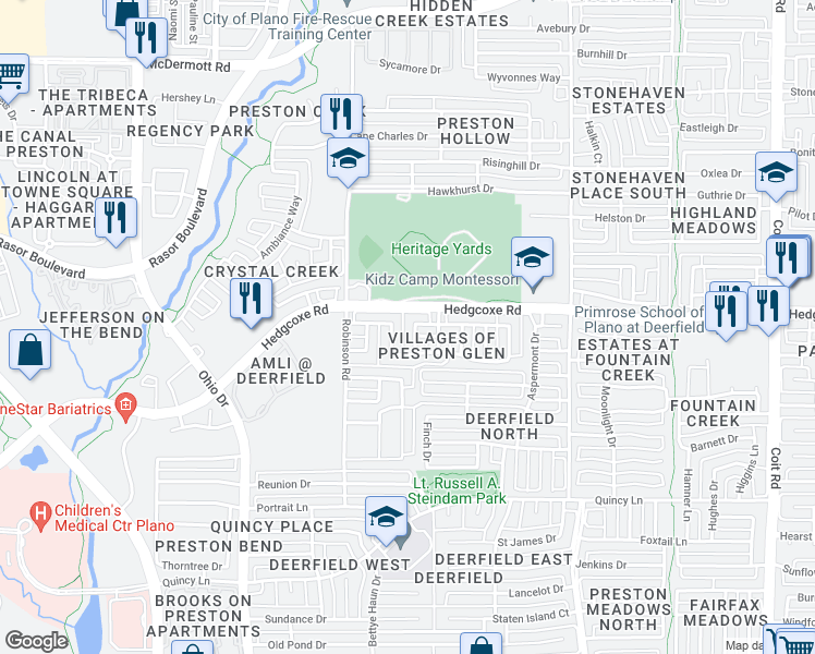 map of restaurants, bars, coffee shops, grocery stores, and more near 7911 Arbor Glen Trail in Plano