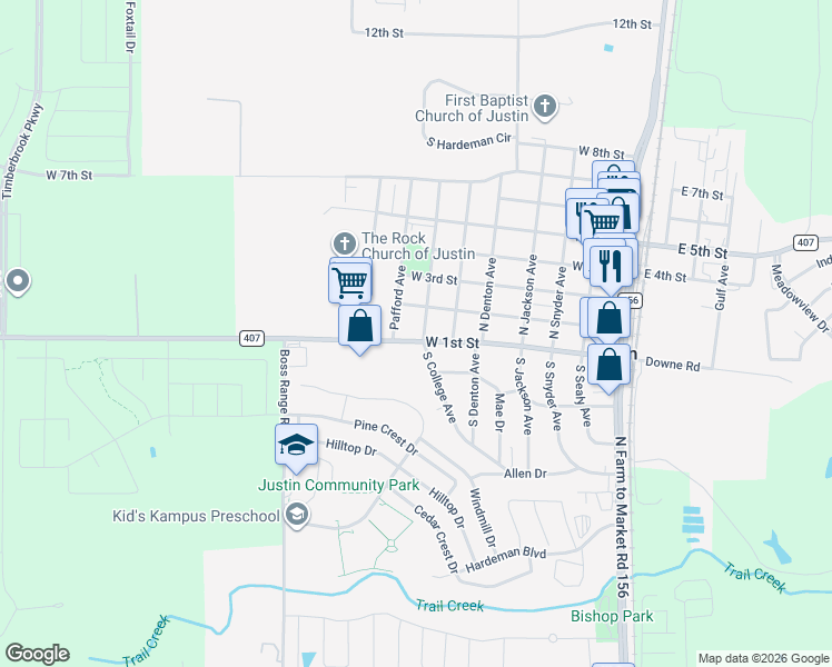 map of restaurants, bars, coffee shops, grocery stores, and more near 704 West 1st Street in Justin
