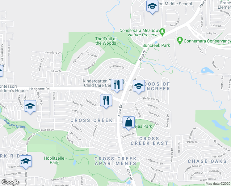 map of restaurants, bars, coffee shops, grocery stores, and more near 841 Vashon Drive in Allen