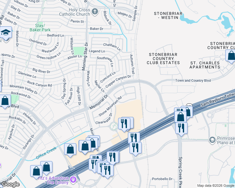 map of restaurants, bars, coffee shops, grocery stores, and more near 5908 Snow Creek Drive in The Colony