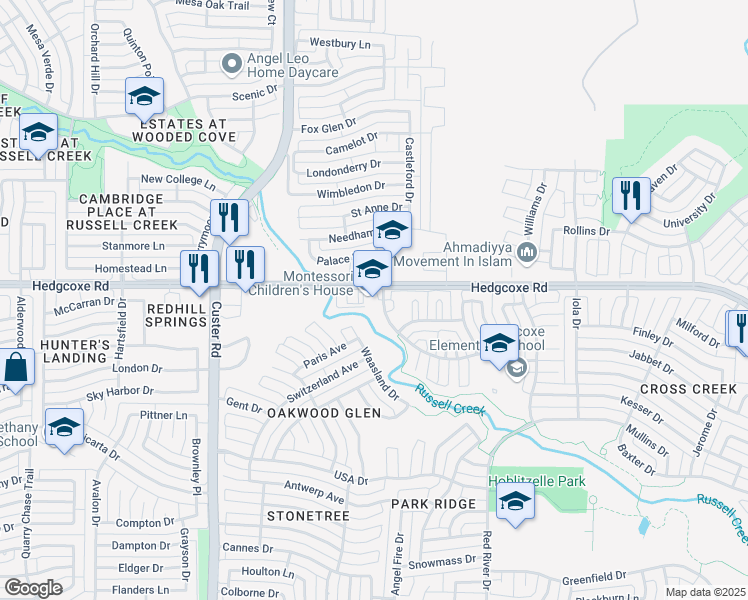 map of restaurants, bars, coffee shops, grocery stores, and more near 1900 Hedgcoxe Road in Plano