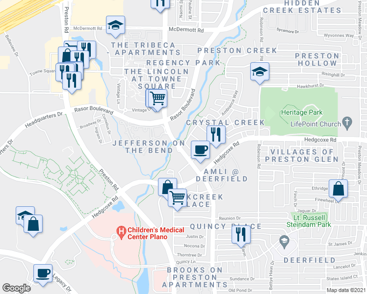 map of restaurants, bars, coffee shops, grocery stores, and more near 8013 Kingsgate Circle in Plano