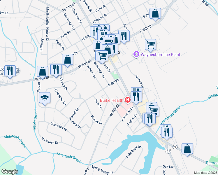 map of restaurants, bars, coffee shops, grocery stores, and more near 304 West 5th Street in Waynesboro