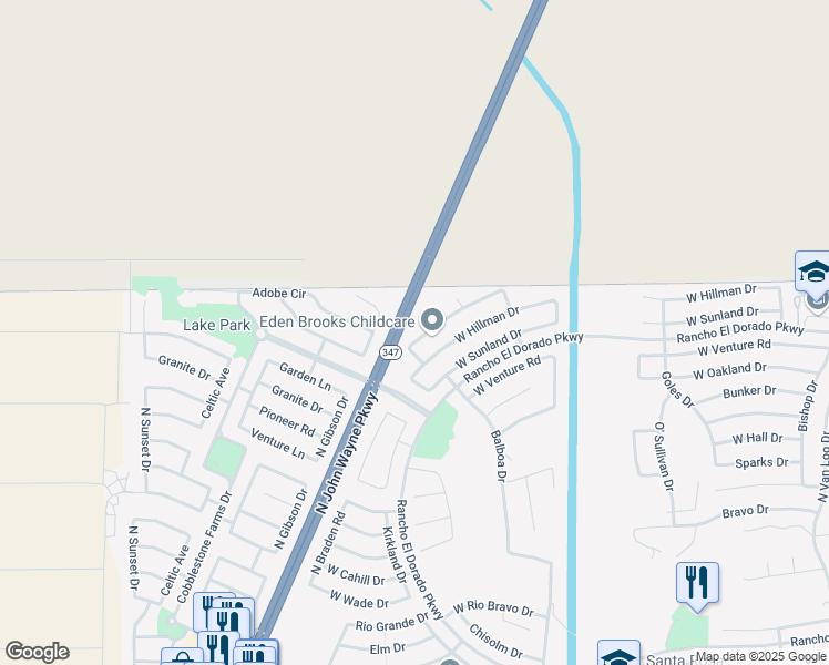 map of restaurants, bars, coffee shops, grocery stores, and more near 43644 Courtney Drive in Maricopa