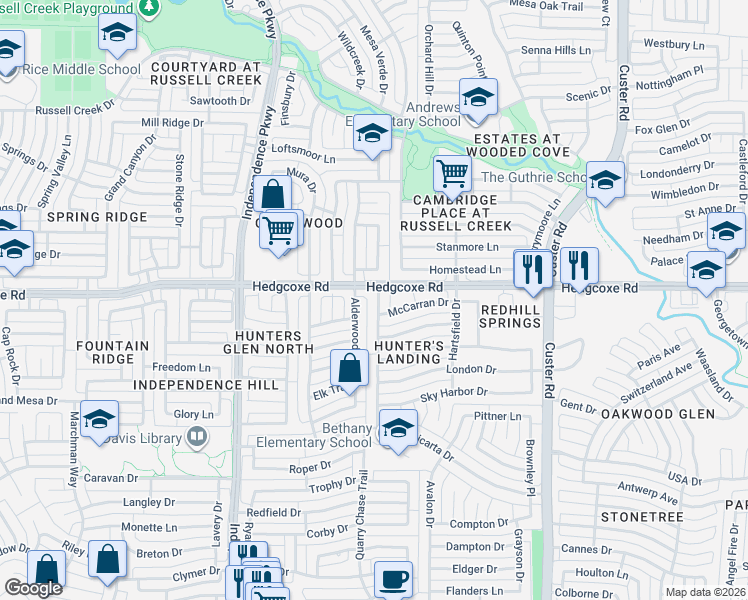 map of restaurants, bars, coffee shops, grocery stores, and more near 7906 La Guardia Drive in Plano