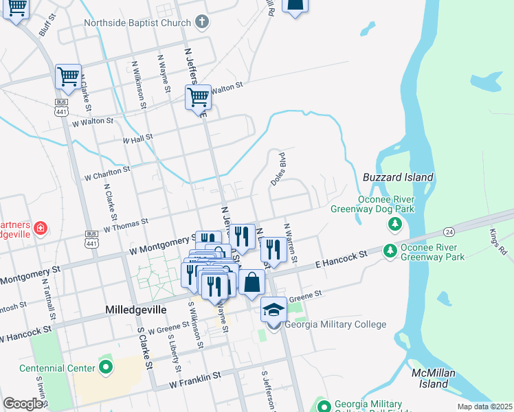 map of restaurants, bars, coffee shops, grocery stores, and more near 337 North Elbert Street in Milledgeville