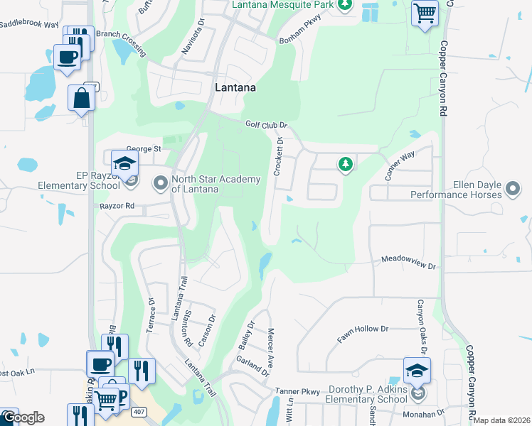 map of restaurants, bars, coffee shops, grocery stores, and more near 9060 Crockett Drive in Argyle