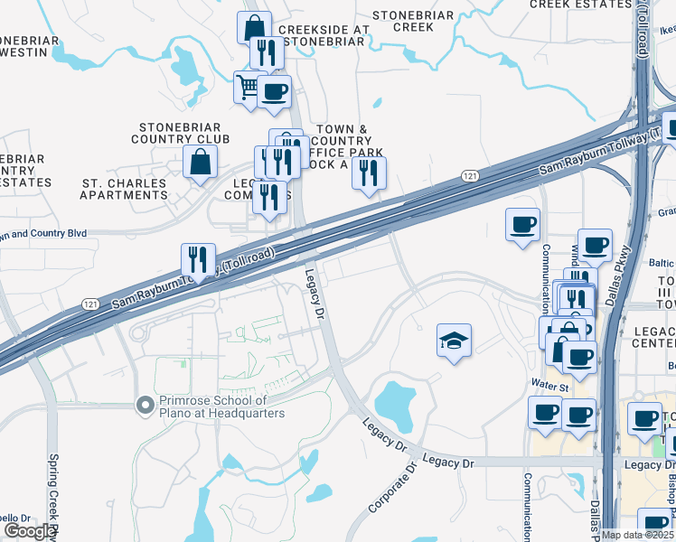 map of restaurants, bars, coffee shops, grocery stores, and more near 7950 Legacy Drive in Plano