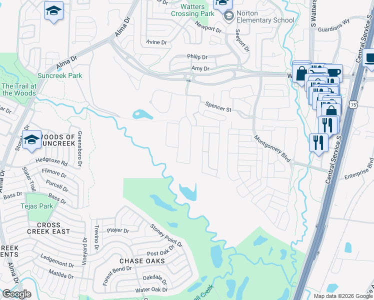 map of restaurants, bars, coffee shops, grocery stores, and more near 926 Brett Drive in Allen