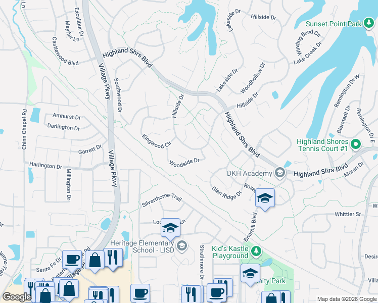 map of restaurants, bars, coffee shops, grocery stores, and more near 808 Woodside Court in Highland Village