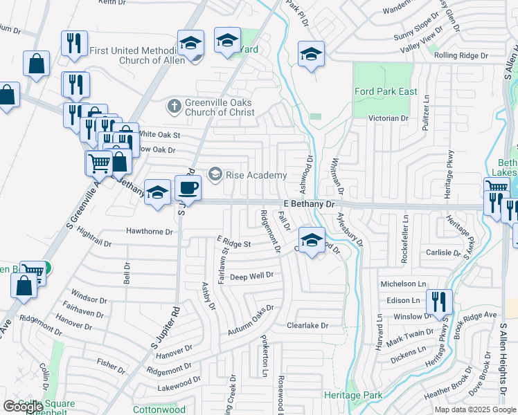 map of restaurants, bars, coffee shops, grocery stores, and more near 800 Ridgemont Drive in Allen