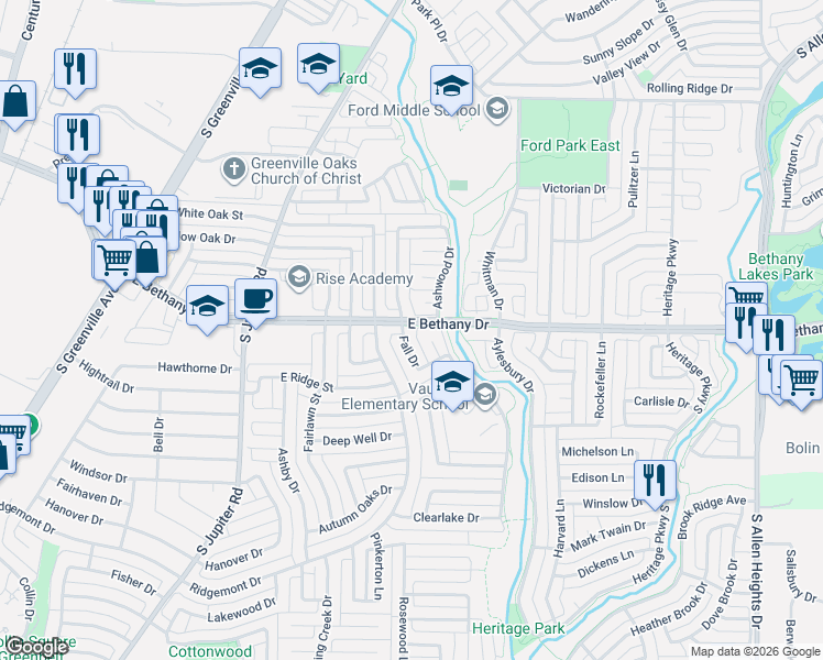 map of restaurants, bars, coffee shops, grocery stores, and more near 801 Fall Drive in Allen