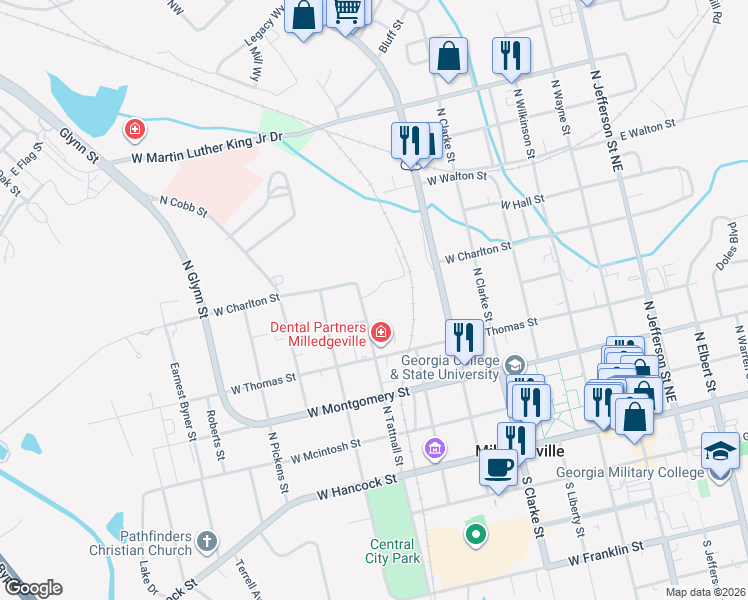 map of restaurants, bars, coffee shops, grocery stores, and more near 640 West Charlton Street in Milledgeville