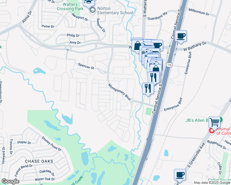 map of restaurants, bars, coffee shops, grocery stores, and more near 914 Marian Drive in Allen