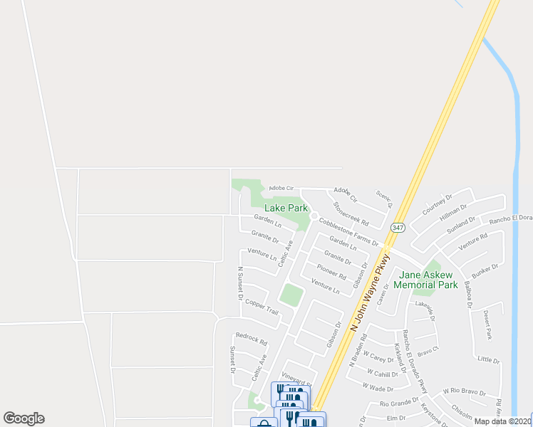 map of restaurants, bars, coffee shops, grocery stores, and more near 44566 West Garden Lane in Maricopa