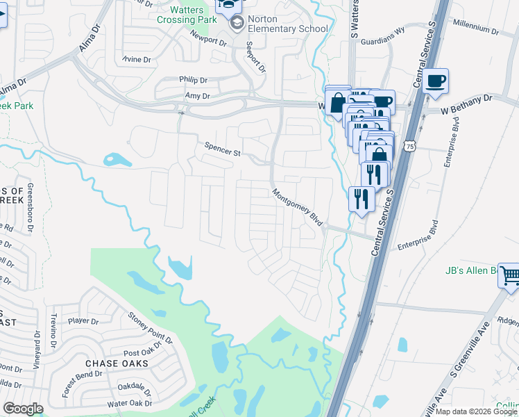 map of restaurants, bars, coffee shops, grocery stores, and more near 1116 Sewanee Drive in Allen