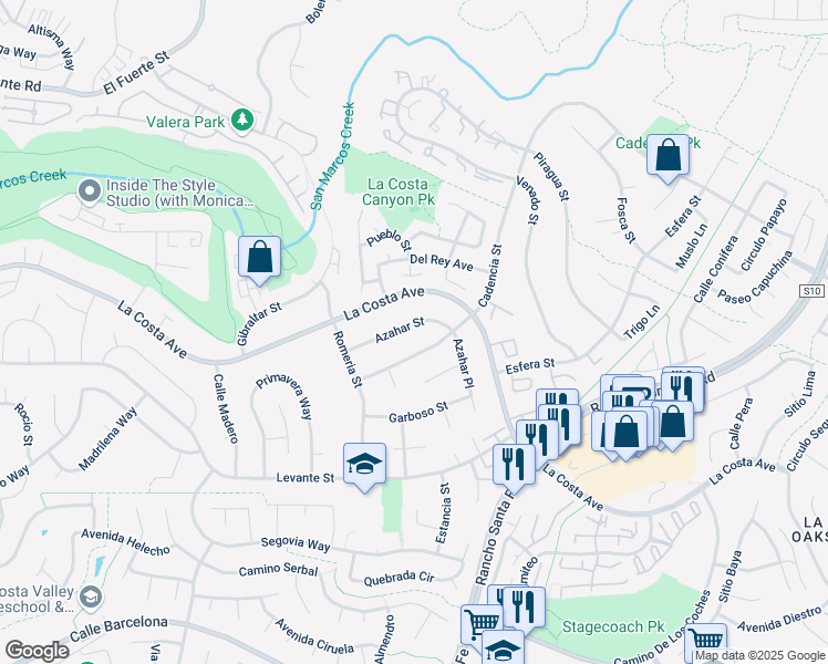 map of restaurants, bars, coffee shops, grocery stores, and more near 3017 Azahar Street in Carlsbad