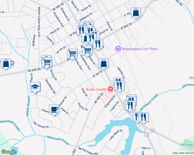 map of restaurants, bars, coffee shops, grocery stores, and more near 304 West 5th Street in Waynesboro