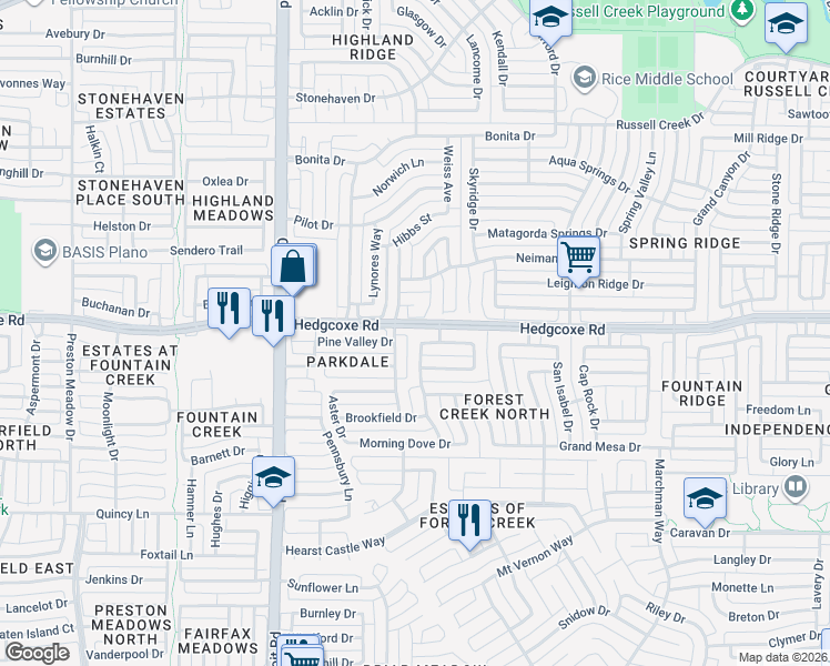map of restaurants, bars, coffee shops, grocery stores, and more near 3633 Oakcrest Drive in Plano