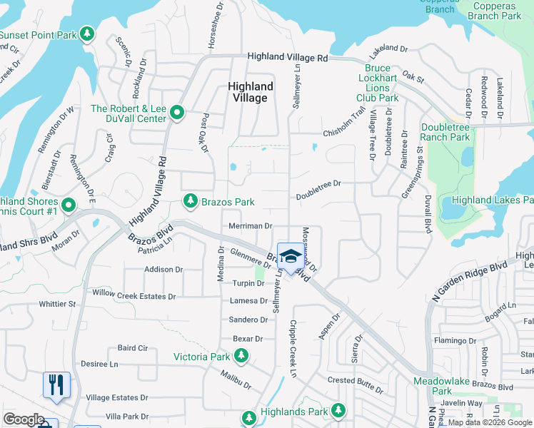map of restaurants, bars, coffee shops, grocery stores, and more near 235 Windy Court in Highland Village