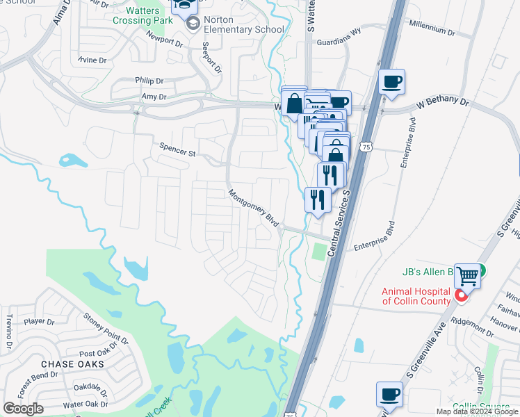 map of restaurants, bars, coffee shops, grocery stores, and more near 1166 Montgomery Boulevard in Allen