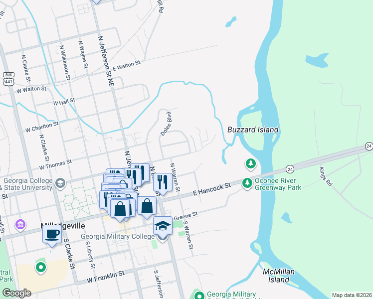 map of restaurants, bars, coffee shops, grocery stores, and more near 460 East Montgomery Street in Milledgeville