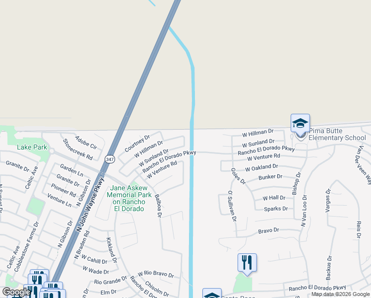 map of restaurants, bars, coffee shops, grocery stores, and more near 43067 Sunland Drive in Maricopa