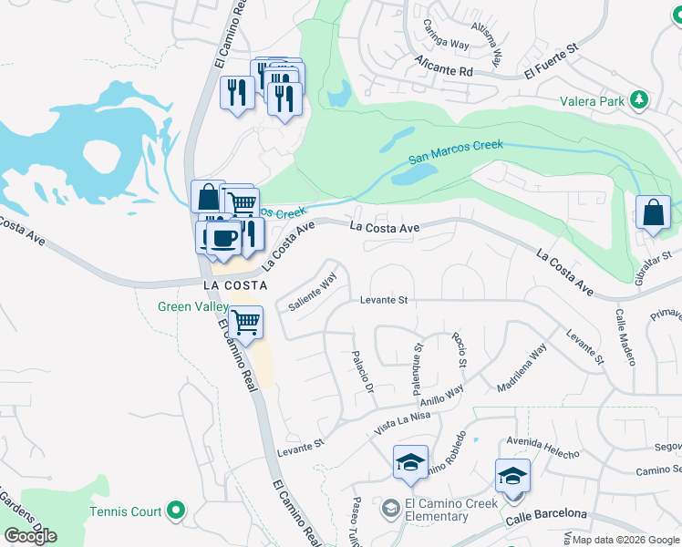 map of restaurants, bars, coffee shops, grocery stores, and more near 7627 Reposado Drive in Carlsbad